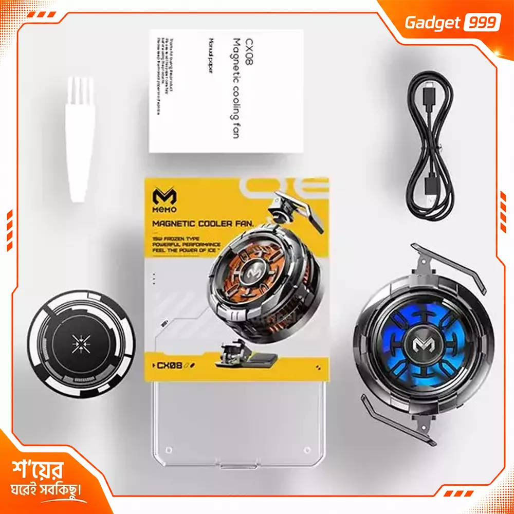 MEMO CX08 ম্যাগনেটিক অ্যাক্টিভ ফোন কুলার–RGB লাইটসহ আল্ট্রা-ফাস্ট গেমিং কুলিং ফ্যান