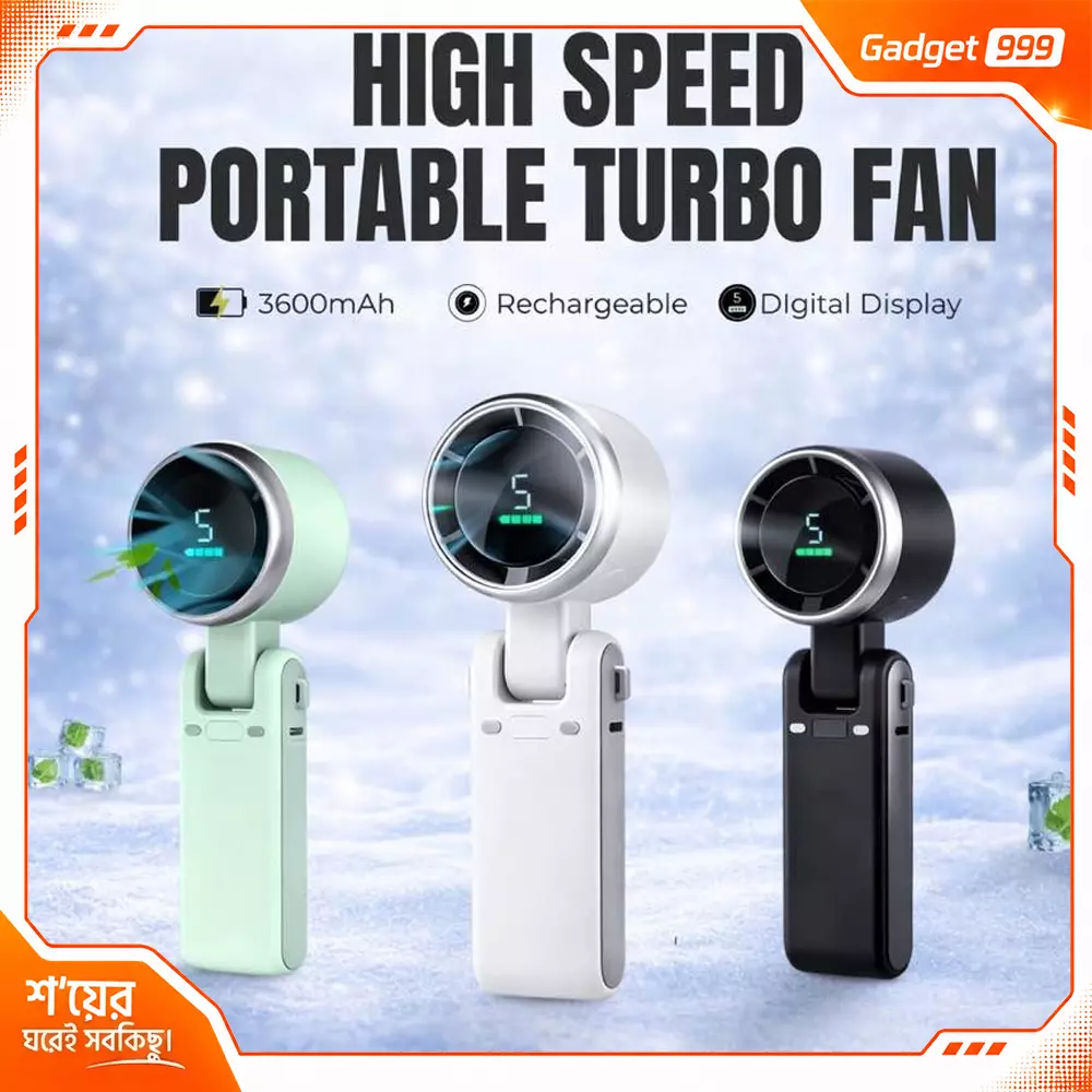 Turbo Fan Brushless Motor Rechargeable 3600mAh Battery 5 Speed Foldable Travel Neck Fan