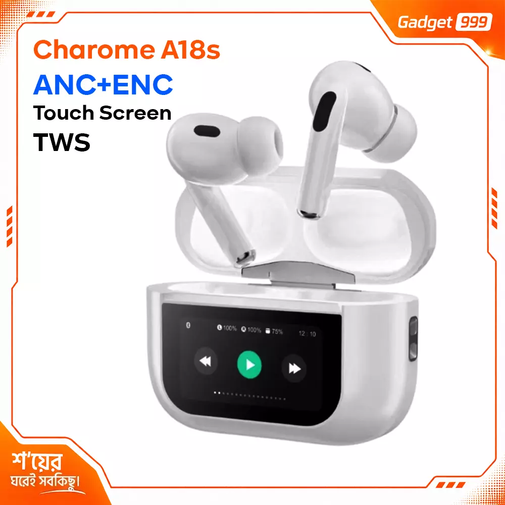Charome A18s ANC+ENC LCD Colour Touch Screen Wireless Earbuds High Quality Sound- White