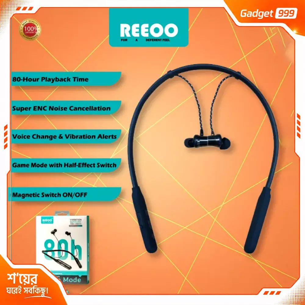 REEOO RX-GENIUS 80 Hours ব্লুটুথ নেকব্যান্ড ইয়ারফোন Magnetic ON/OFF